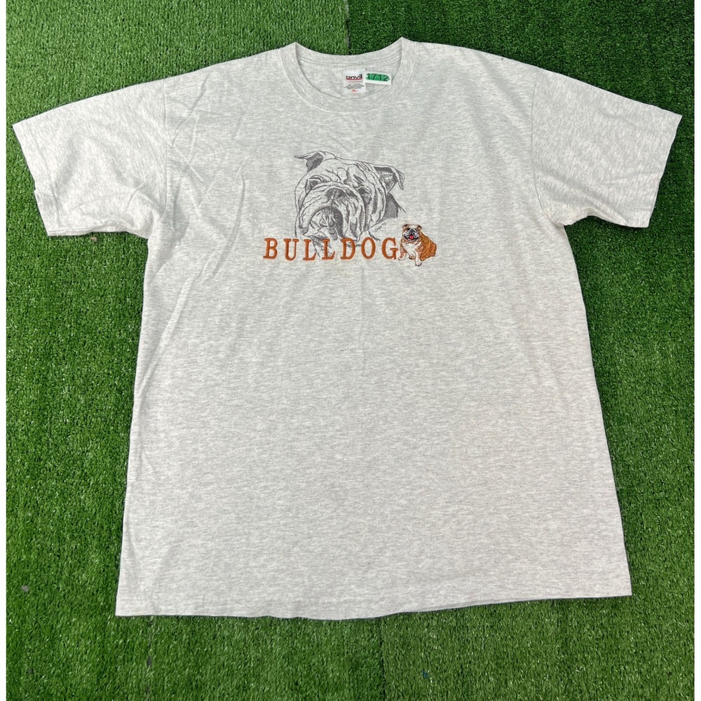 Vintage Anvil Bulldog Graphic T-Shirt Mens XL Gray Heather Embroidered 90s Tee